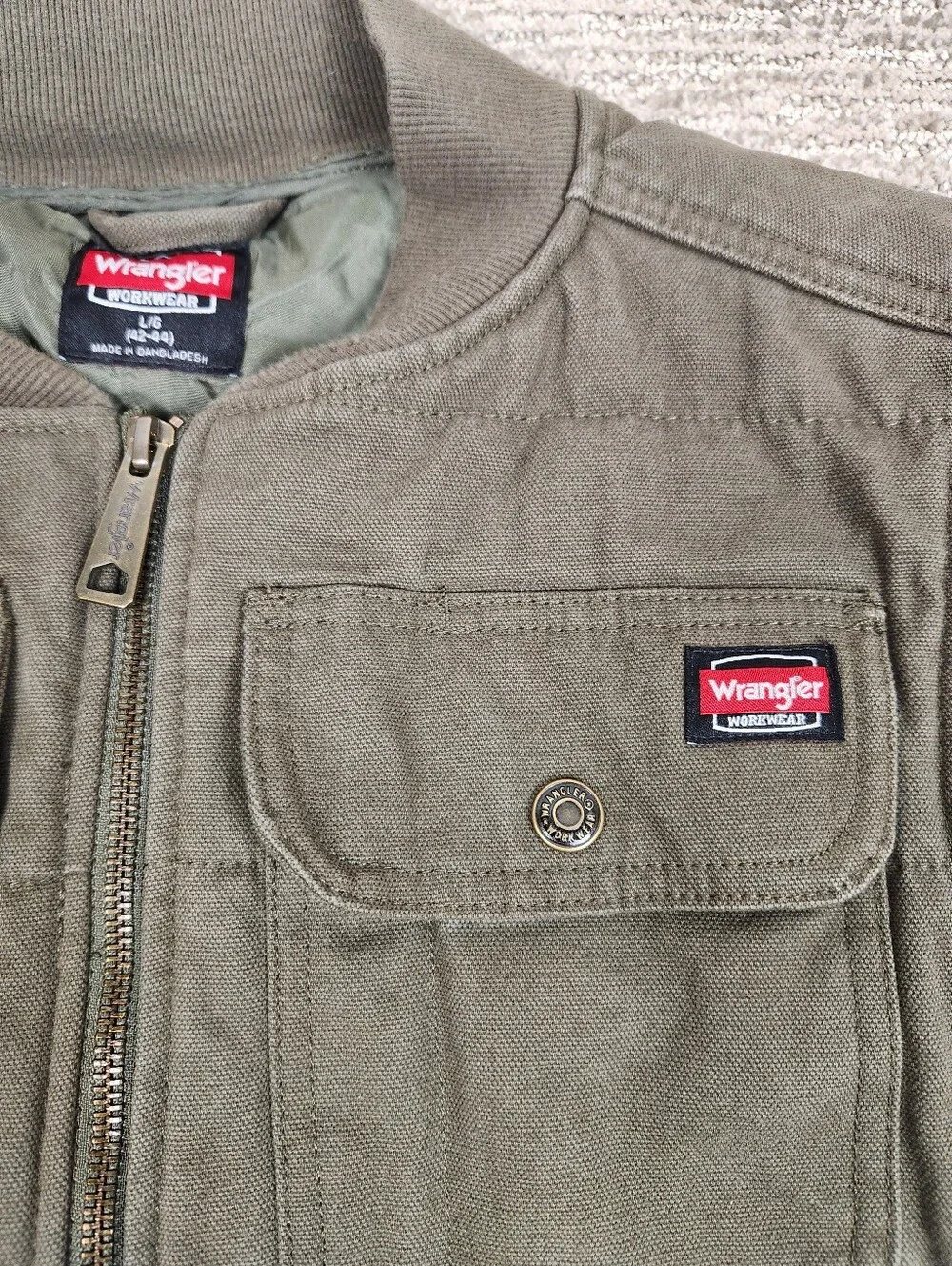 Wrangler Workwear Quilted Canvas Vest Mens Large Olive Green Full Zip Barn Chore